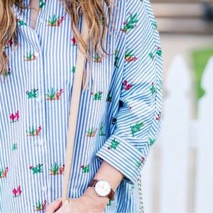 Zara Striped Button Down Shirt with Botanical Illustration Print